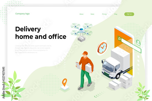 Isometric Logistics and Delivery concept. Delivery home and office. Tracking delivery service online. City logistics. Warehouse, truck, forklift, courier, drone and delivery man.