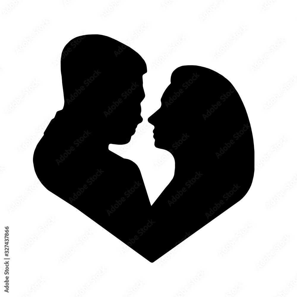 black silhouette of a man and a woman in the shape of a heart isolated on a white background