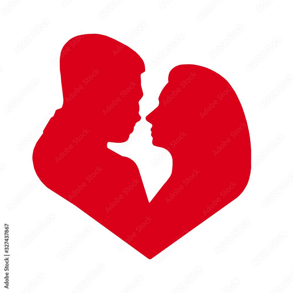 red silhouette of a man and a woman in the shape of a heart isolated on a white background