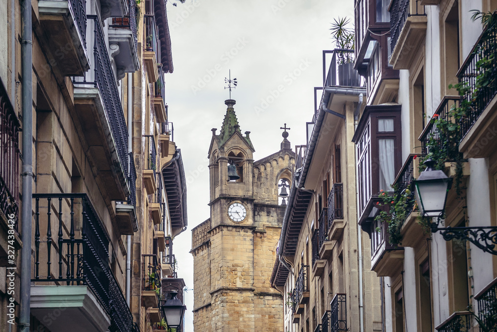 Tower of St Mary of Chorus church in historic part of San Sebastian city also called Donostia in Basque Country, Spain