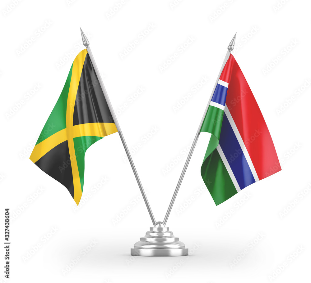 Gambia and Jamaica table flags isolated on white 3D rendering Gambia and Jamaica table flags isolated on white 3D rendering