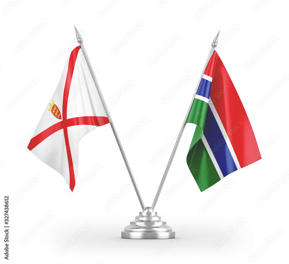 Gambia and Jersey table flags isolated on white 3D rendering Gambia and Jersey table flags isolated on white 3D rendering