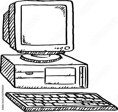 Black and white doodle of retro computer
