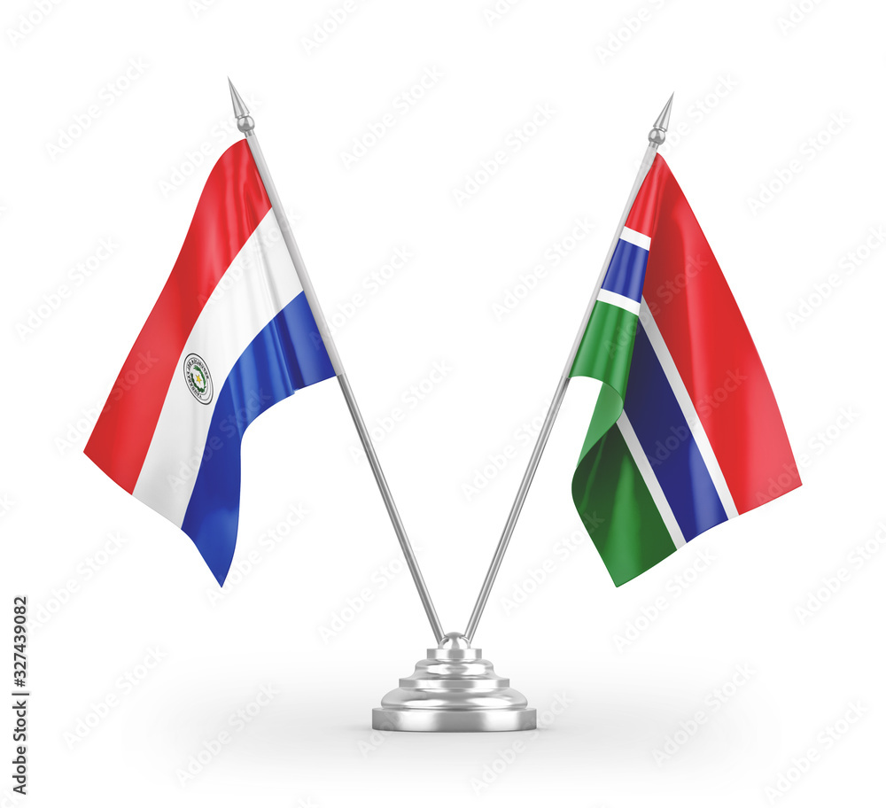 Gambia and Paraguay table flags isolated on white 3D rendering Gambia and Paraguay table flags isolated on white 3D rendering