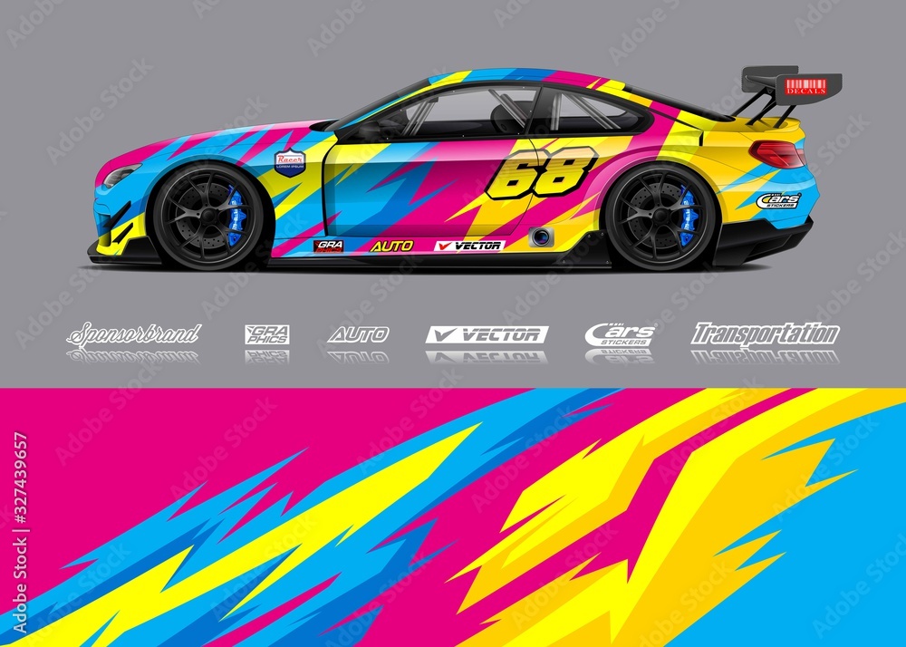 Racing car wrap design vector. Graphic abstract stripe racing background kit designs for wrap vehicle, race car, rally, adventure and livery Racing car wrap design vector. Graphic abstract stripe racing background kit designs for wrap vehicle, race car, rally, adventure and livery