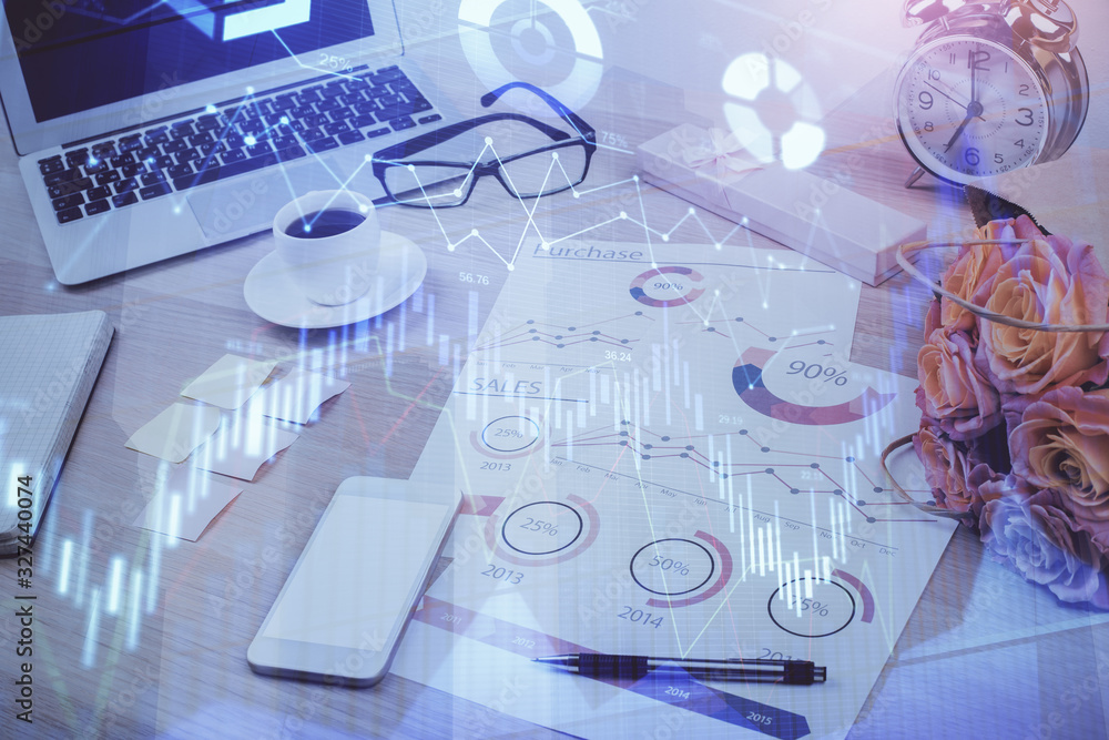 Stock market graph and table with computer background. Multi exposure. Concept of financial analysis. Stock market graph and table with computer background. Multi exposure. Concept of financial analysis.
