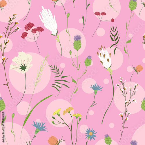 Colorful vector texture. Blossom floral seamless pattern. Blooming botanical motifs scattered random. Fashion, ditsy print, fabric. Hand drawn different wild meadow flowers on polka dot pink backgroud