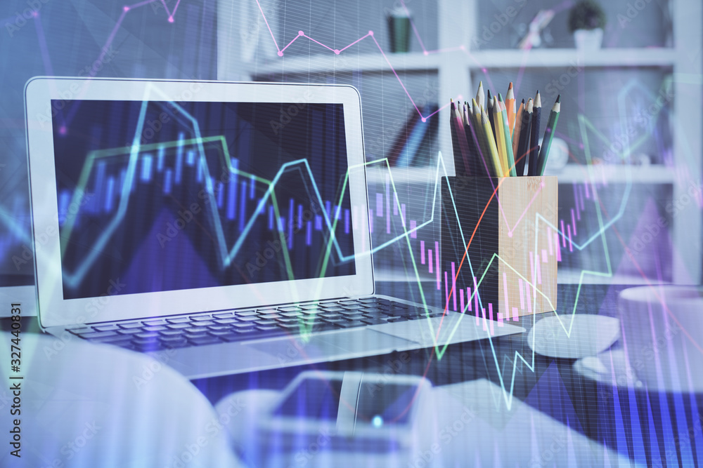 Stock market graph and table with computer background. Double exposure. Concept of financial analysis. Stock market graph and table with computer background. Double exposure. Concept of financial analysis.
