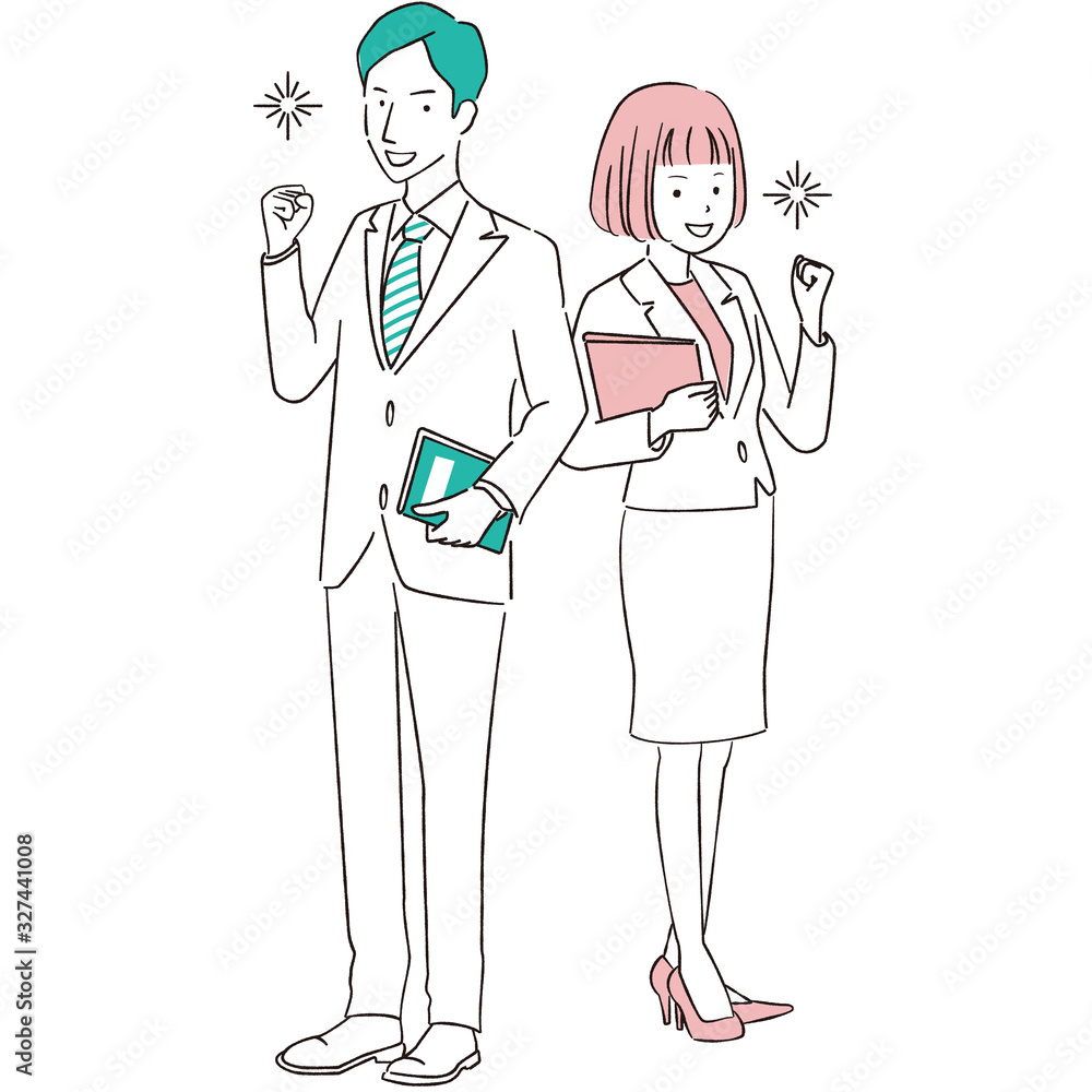 手描き1color スーツの男女 ガッツポーズ全身 ピンクとエメラルドグリーン Stock Vector Adobe Stock