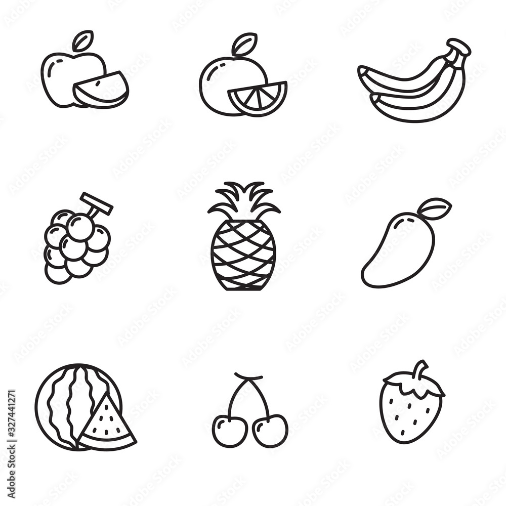 Set of fruits icon in black line design. Fruits vector illustration in black and white design isolated on white background. Set of fruits icon in black line design. Fruits vector illustration in black and white design isolated on white background.