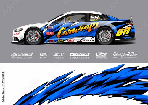 Racing car wrap design vector. Graphic abstract stripe racing background kit designs for wrap vehicle, race car, rally, adventure and livery