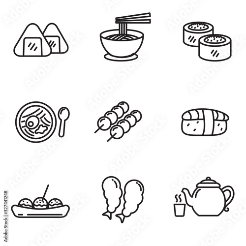 Set of japanese food icons in black line design. Japanese foods vector illustration in simple design isolated on white background 