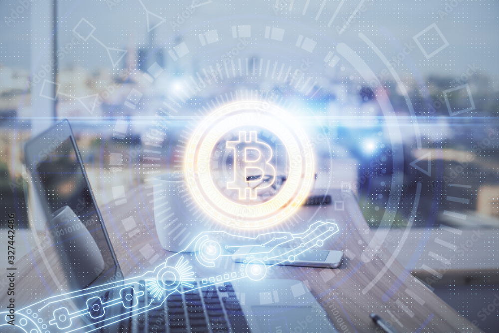 Double exposure of blockchain theme hologram and table with computer background. Concept of bitcoin crypto currency. Double exposure of blockchain theme hologram and table with computer background. Concept of bitcoin crypto currency.