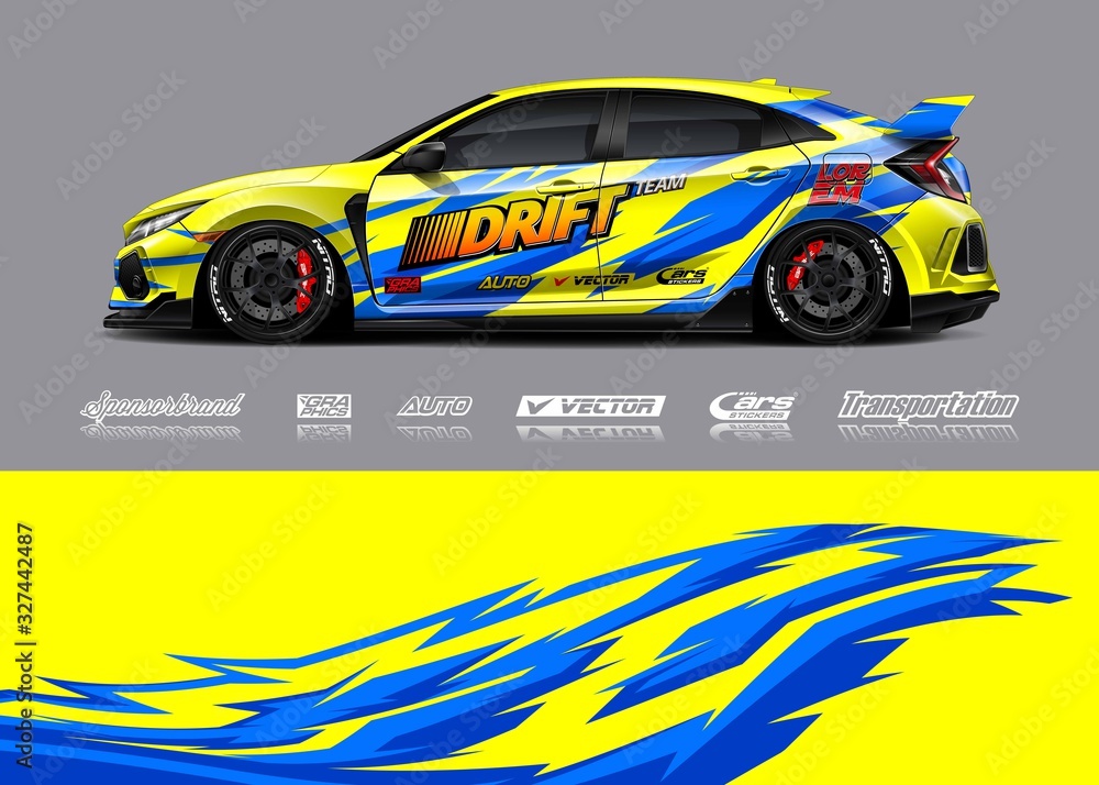 Racing car wrap design vector. Graphic abstract stripe racing background kit designs for wrap vehicle, race car, rally, adventure and livery Racing car wrap design vector. Graphic abstract stripe racing background kit designs for wrap vehicle, race car, rally, adventure and livery