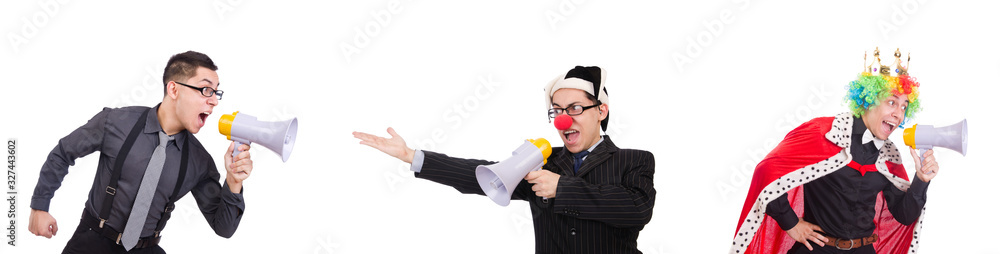 Businessman clown with loudspeaker on white Businessman clown with loudspeaker on white