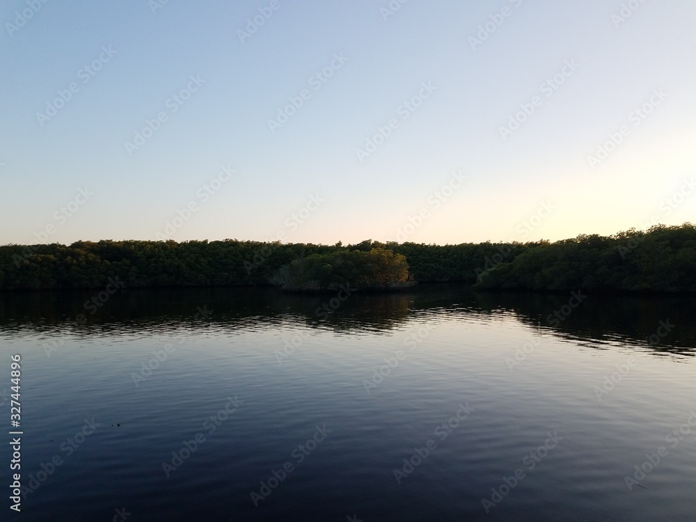 lake or pond water with trees and sky