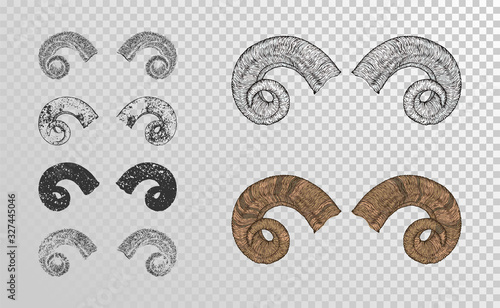 Vector set of hand drawn horns ram with grunge elements in different versions on a transparent background.