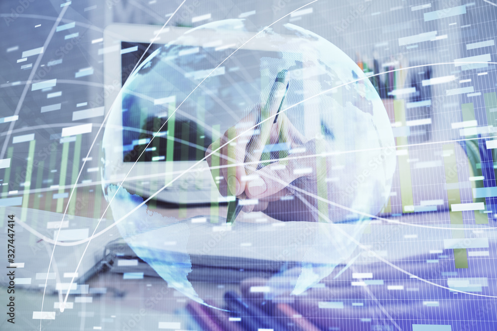 International business hud over woman's hands writing background. Concept of hard work. Double exposure