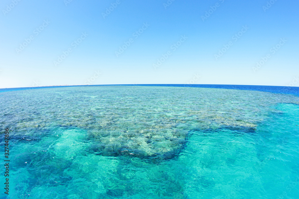 Red sea transparent water. Wide angle seascape view. Coral reef under water surface. Blue sky sunny day in the middle of the sea. Clear water perfect for a dive.