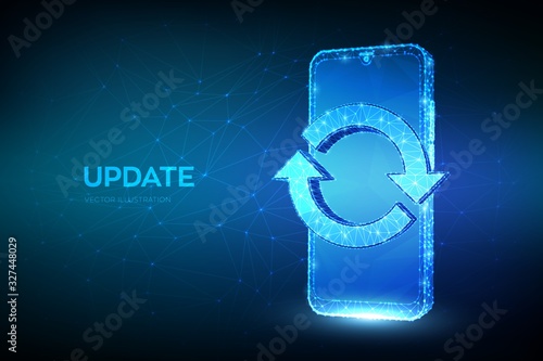Update, Synchronization, Processing concept. Abstract low polygonal smartphone with update or sync sign. Can be used for topics like refresh, recycling, reload. 3D polygonal vector illustration.