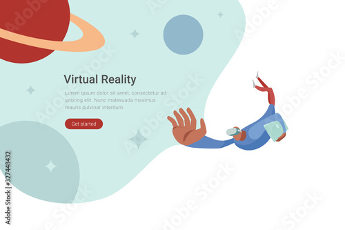 Virtual Reality VR Technology flat vector design illustration. Man in Virtual Glasses flying in space with planets.