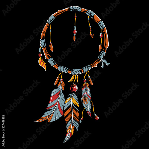 Colorful dream catcher on black background.  Vector art for t-shirt design, sticker, patch, or poster