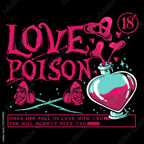 Love poison vector illustration. Bottle of red poision with roses. Funky template design for sticker, t-shirt design, or poster