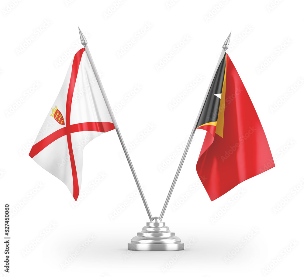 East Timor and Jersey table flags isolated on white 3D rendering East Timor and Jersey table flags isolated on white 3D rendering