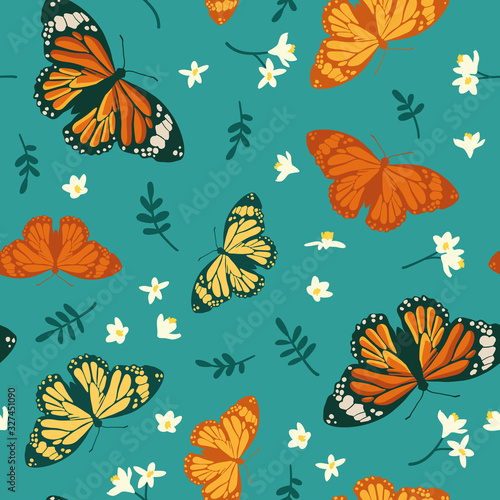 Vector seamless pattern with bright butterflies, leaves and flowers. Hand drawn texture design