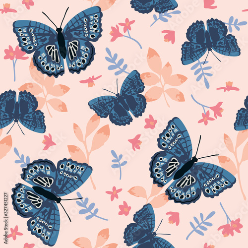 Vector seamless pattern with bright butterflies, leaves and flowers. Hand drawn texture design