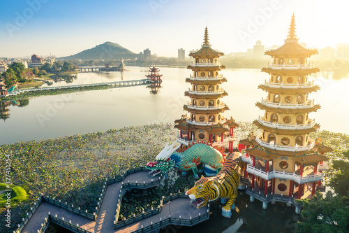 Photography Aerial view Lotus Pond's Dragon and Tiger Pagodas at morning
