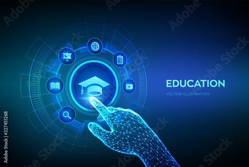 Education. Innovative online e-learning and internet technology concept. Webinar, knowledge, online training courses. Skill development. Robotic hand touching digital interface. Vector illustration.