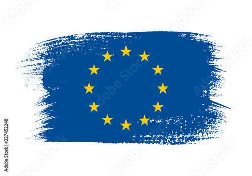 European union official flag in shape of paintbrush stroke. European political and economic union identity symbol. Grunge brush blot object isolated on white background vector illustration.