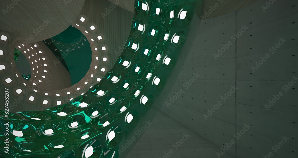 Obraz premium Abstract architectural background interior made of wood, concrete and glass. Neon lighting. 3D illustration and rendering.