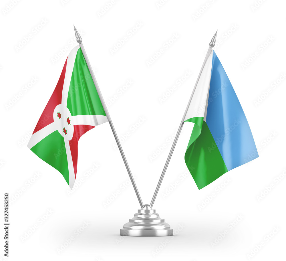 Djibouti and Burundi table flags isolated on white 3D rendering Djibouti and Burundi table flags isolated on white 3D rendering