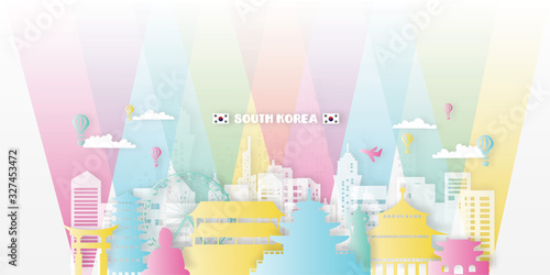 South Korea Travel postcard, poster, tour advertising of world famous landmarks in paper cut style. Vectors illustrations