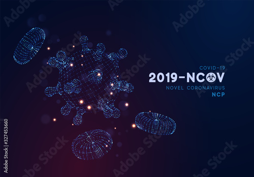 Novel Coronavirus (2019-nCoV). Virus Covid 19-NCP. Coronavirus nCoV denoted is single-stranded RNA virus. Background blue virus cells, blood platelets. Digital 3d vector illustration
