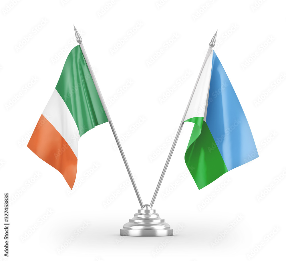 Djibouti and Ireland table flags isolated on white 3D rendering Djibouti and Ireland table flags isolated on white 3D rendering