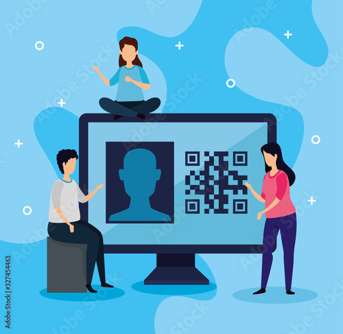 scan code qr with computer and business people vector illustration design