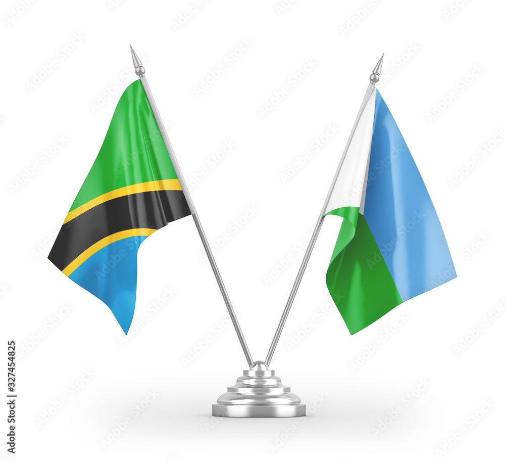 Djibouti and Tanzania table flags isolated on white 3D rendering Djibouti and Tanzania table flags isolated on white 3D rendering