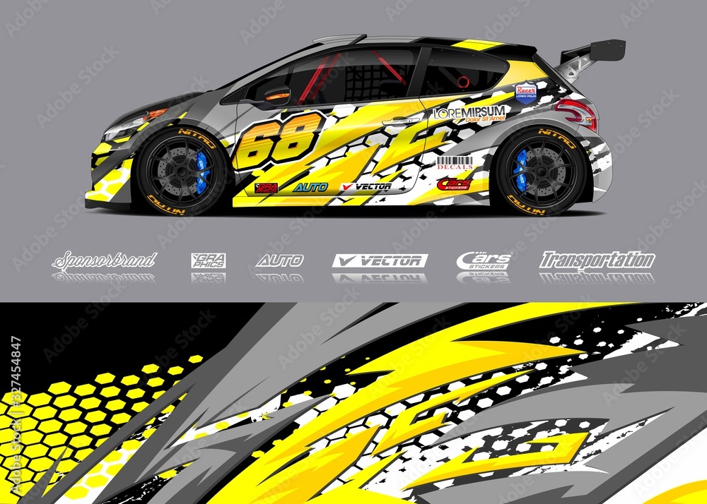 Racing car wrap decal graphic vector kit. Abstract stripe racing