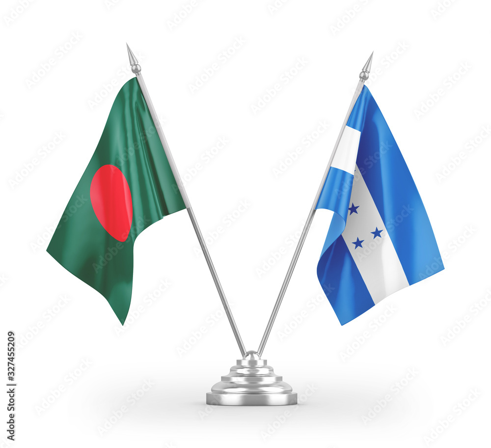 Honduras and Bangladesh table flags isolated on white 3D rendering Honduras and Bangladesh table flags isolated on white 3D rendering