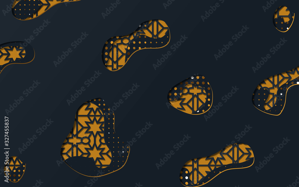 Black and gold background with geometric texture tunnel style cut out paper embossing pattern