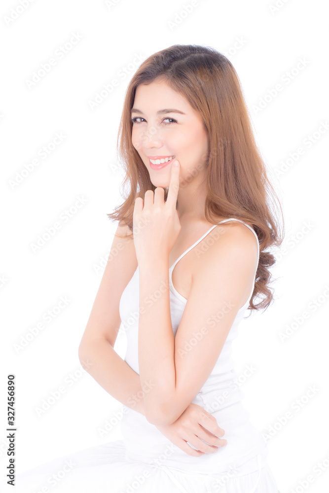 Portrait of beautiful woman asian makeup of cosmetic, girl hand touch teeth and smile attractive, face of beauty perfect with wellness isolated on white background with skin healthcare concept.
