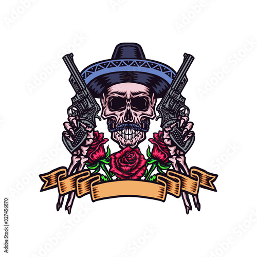 Mexican skull with guns, hand drawn line with digital color, vector illustration