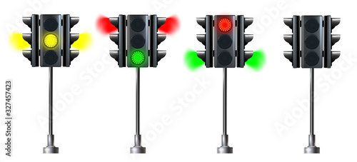 Realistic traffic light on a pole, isolated on white background. Red, yellow, green lights. Go, wait or stop. Vector illustration.