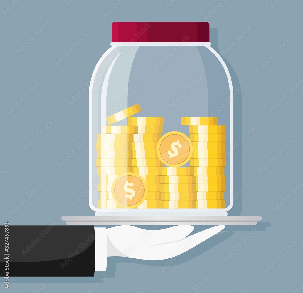Glass money jar full of gold coins and hand. Saving dollar coin in moneybox. Growth, income, savings, investment. Symbol of wealth. Business success. Glass money jar full of gold coins and hand. Saving dollar coin in moneybox. Growth, income, savings, investment. Symbol of wealth. Business success.
