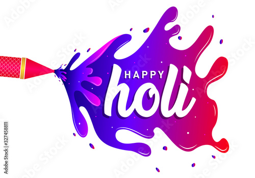 The Happy Holi Logo, banner, Icon, Design, Sticker, Concept, Greeting Card, Template, Poster, Unit, Label, Web, Mnemonic with Pichkari and Water Color splash. Celebration of Indian festival of colors