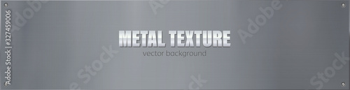 Clean metal plate bolted with screws. Placard for ads with metal texture, blank metallic sign. Vector 3d illustration