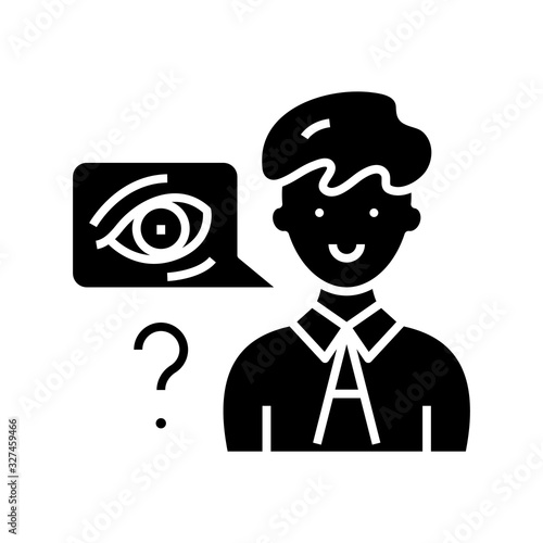 Eyewitness testimony black icon, concept illustration, vector flat symbol, glyph sign.